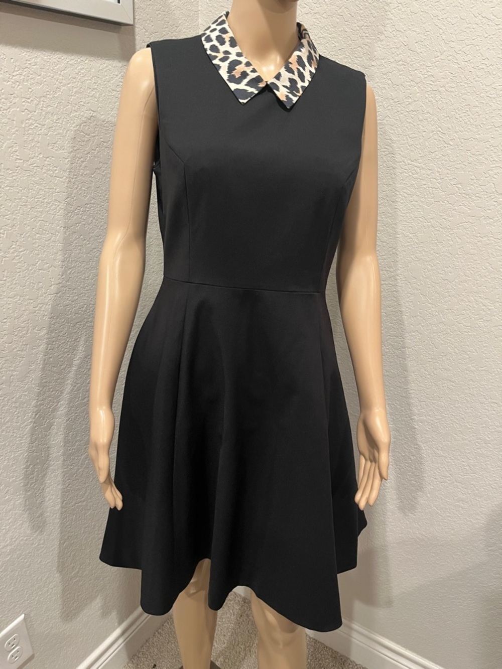 Kate Spade pocketed, lined, Black Fit & Flare Dress with Leopard Print Collar